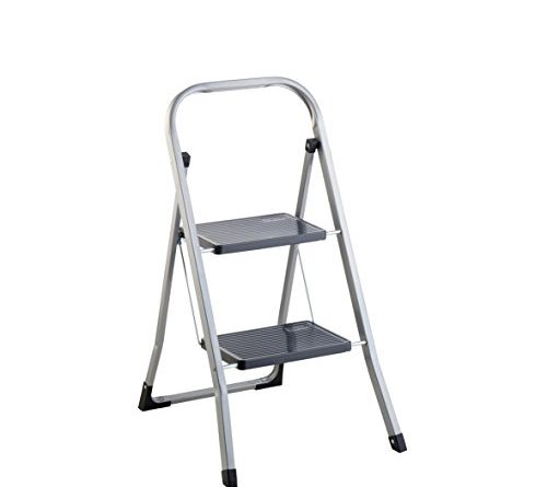 axentia Trittleiter 2 Stufen klappbar, Klapptritt aus Metall mit Haltebügel und großen Stufen, Klapptreppe bis 150 kg, silberfarben / schwarz