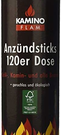 Kamino-Flam Anzündsticks – 120 Anzünder in handlichen Dose – Feuersticks brennen 5-6 Minuten – Anzündscheit für Grill / Kamin / Ofen – Anzündbrikettsticks geruchlos & ökologisch – Kaminanzünder