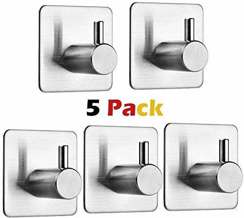 Auxmir Handtuchhaken 5 Stück Handtuchhalter Wandhaken Klebehaken Selbstklebend aus Edelstahl, Ohne Bohren, Rostfrei, Ideal für Bad Toilette Küche Büro, Silber