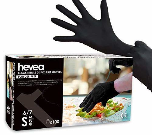 Hevea – Einweghandschuhe aus Nitril. Puder- und latefrei. 1 Karton mit 100 Handschuhen. Größe: S (klein). Farbe: Schwarz