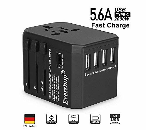 Reiseadapter Reisestecker Weltweit 224+ Ländern 5.6A Fast Charge Universal Travel Adapter mit 4 USB Ports+Typ C und AC Steckdosenadapter Internationale Reiseadapter für USA Europa UK Australien Usw