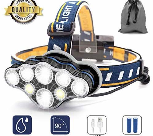 Stirnlampe,8 LED 18000 Lumen Kopflampe,Superheller USB Wiederaufladbare Wasserdicht Leichtgewichts Stirnleuchte für Camping,Fischen,Laufen,Joggen,Wandern,Lesen,Arbeiten