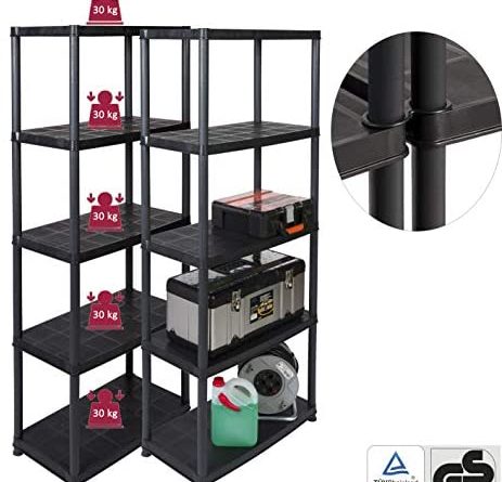 2 Stück Kunststoff Steckregale mit 5 soliden Böden, belastbar mit bis zu 30 kg/Boden. Maße BxTxH in cm pro Regal: 71 x 38 x 171 cm