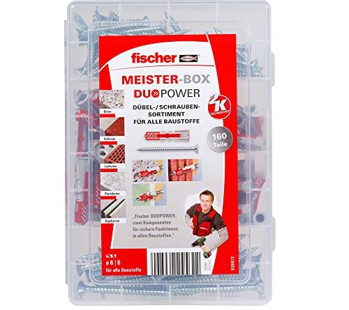 fischer MEISTER-BOX DUOPOWER + Schraube, Werkzeugkiste mit 160 Dübeln und Schrauben, Universaldübel, praktisches Set, Dübelkiste für Heimwerker & Profis