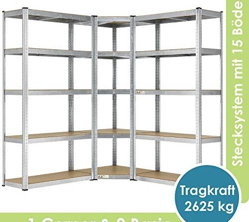 Juskys 3er Metall Regalsystem Basic | 1 Eckregal & 2 Lagerregale | 15 Böden aus MDF Holz | 2625 kg | Schwerlastregal Lagerregal Kellerregal