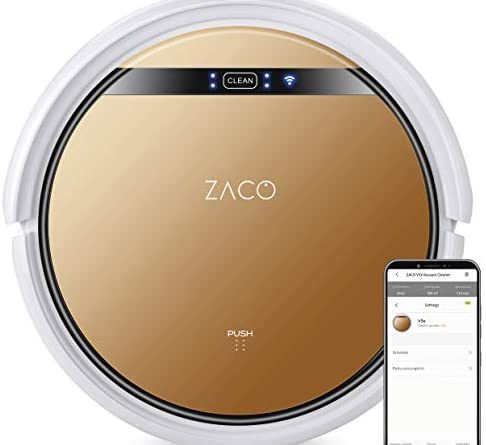 ZACO V5x Saugroboter mit Wischfunktion, App & Alexa Steuerung, 8,1cm flach, automatischer Roboter, 2in1 Wischen oder Staubsaugen, für Hartböden, Fallschutz, mit Ladestation, Mit Wlan, 22 W, 65 Dezibel