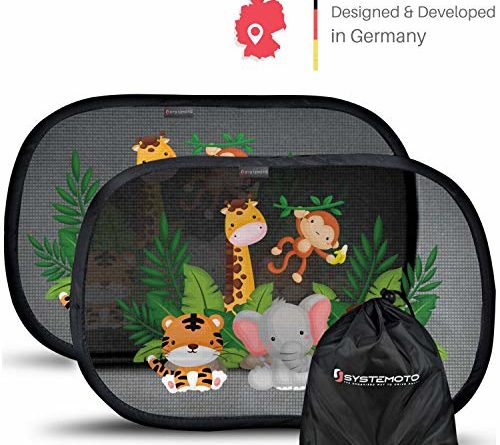 Systemoto Sonnenschutz Auto Baby mit Zertifiziertem UV Schutz (2er Set) – Selbsthaftende Sonnenblenden für Kinder mit süßen Tier Motiven (Wild Life)