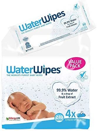 WaterWipes Baby Feuchttücher Empfindliche Haut, 99,9% gereinigtes Wasser, 4 x 60 Feuchttücher (240 Feuchttücher)