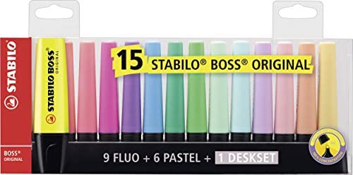 STABILO BOSS ORIGINAL Textmarker, 15er Tischset, 9 Leuchtfarben, 6 Pastellfarben