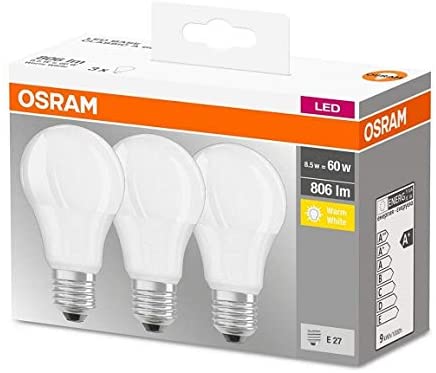 Osram LED Base Classic A Lampe, in Kolbenform mit E27-Sockel, nicht dimmbar, Ersetzt 8.5W=60Wt, Matt, Warmweiß – 2700 Kelvin, 3er-Pack