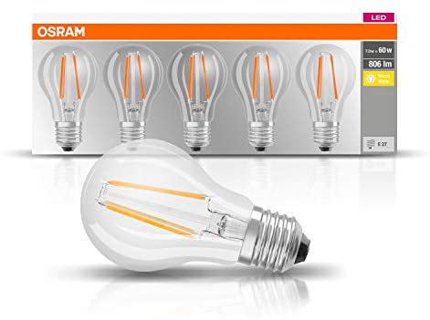 Osram LED Base Classic A Lampe, Sockel: E27, Warm White, 2700 K, 7 W, Ersatz für 60-W-Glühbirne, klar , 5er Packung