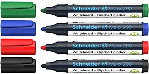 Schneider Maxx 290 Marker (für Whiteboards und Flipcharts, Rundspitze 2-3 mm Strichstärke, rückstandsfrei trocken abwischbar, hohe Qualität, kräftig und farbintensiv) Etui mit 4 Farben