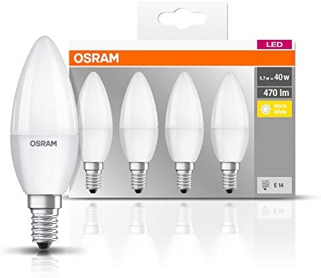 Osram LED Base Classic B Lampe, in Kerzenform mit E14-Sockel, nicht dimmbar, Ersetzt 5.0W = 40 Watt, Matt, Warmweiß – 2700 Kelvin, 4er-Pack