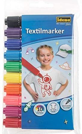 Idena 60035 – Textilmarker für helle Stoffe, 10 Textilstifte in leuchtenden Farben, Ideal für T-Shirts, Stoffbeutel, für verschiedene Materialien