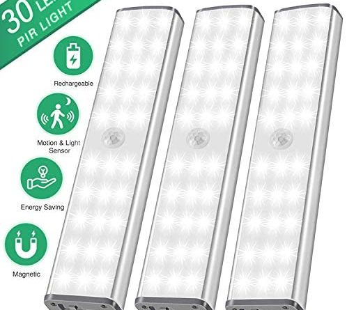 LED Schrankbeleuchtung, Schranklicht mit Bewegungsmelder, 30 LED Licht Unterbauleuchten kabellos Sensor, USB Nachtlicht mit 3 Helligkeitsstufen, Treppenlicht 3er Set