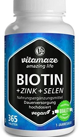 Biotin hochdosiert 10.000 mcg + Selen + Zink für Haarwuchs, Haut & Nägel – Der VERGLEICHSSIEGER* – 365 vegane Tabletten für 1 Jahr, Made-in-Germany