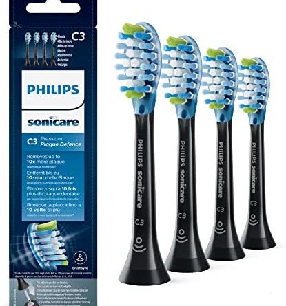 Philips Sonicare Original Aufsteckbürste Premium Plaque Defence HX9044/33, 10x mehr Plaqueentfernung, RFID-Chip, 4er Pack, Standard, Schwarz