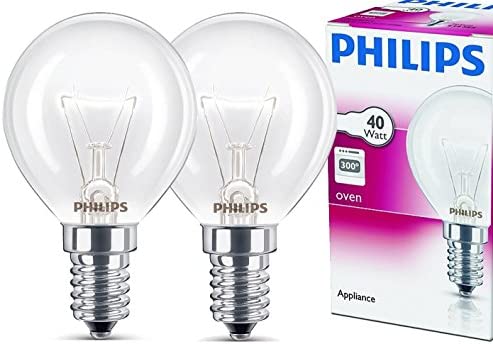 2x Philips Backofenlampe E14 40W Tropfenform 45mm Durchmesser, temperaturfest bis 300°C (2 Stück)