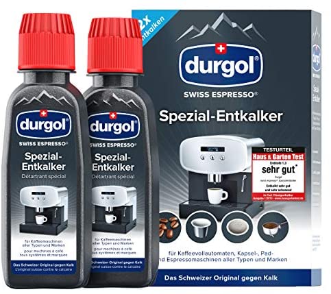 durgol swiss espresso Spezial-Entkalker – Kalkentferner für Kaffeemaschinen aller Typen und Arten – Einfache Reinigung ohne Einwirkzeit & Rückstände – Deutsche Version – 2x125ml