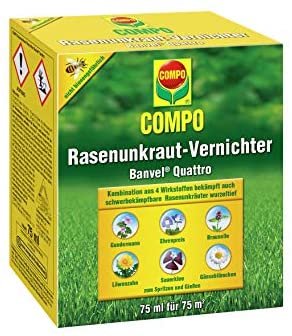 COMPO Rasenunkraut-Vernichter Banvel Quattro (Nachfolger Banvel M), Bekämpfung von schwerbekämpfbaren Unkräutern im Rasen, Konzentrat, 75 ml (75 m²)