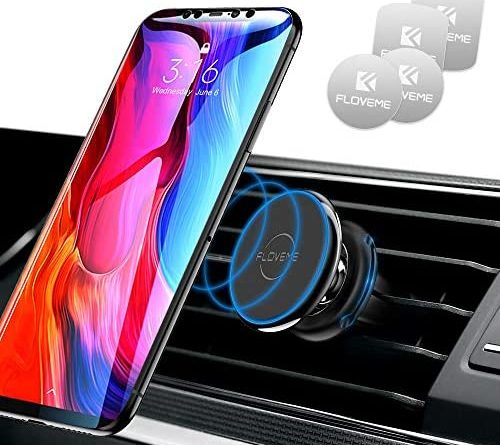FLOVEME Kabel-Klammer Handyhalter Fürs Auto, Magnet KFZ Handyhalterung mit 4 Magnetischen Metallplatten Für iPhone XS MAX/XS/XR/X/8/7/6P, Samsung S9/S8/S7, Huawei – Schwarz