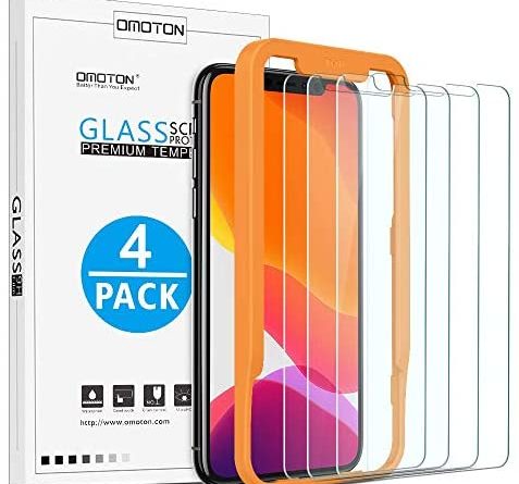 [4 Stück] OMOTON Schutzfolie für iphone 11 pro und iphone X und iphone XS Mit Positionierhilfe Panzerglasfolie für iphone 11 Pro/ XS/ X [9H Härte], [Anti-Kratzen], [Anti-Öl], [Anti-Bläschen].