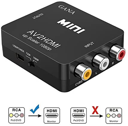 RCA auf HDMI Adapter | GANA AV auf HDMI Konverter AV zu HDMI Adapter Unterstützung 1080P mit USB Ladekabel Schutzhülle für PC/Nintendo/Xbox/PS4/PS3/TV/STB/VHS/VCR/Kamera/DVD(Schwarz)