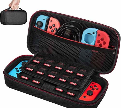 Tasche für Nintendo Switch – Younik Verbesserte Version Harte Reise Hülle Case mit Größerem Speicherplatz für 19 Spiele, Offizieller Wechselstromadapter und Anderes Nintendo Switch Zubehör