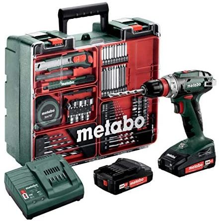 Metabo Akku-Bohrschrauber BS 18 Mobile Werkstatt Set (2x 2,0 Amperestunden Akku inkl. Ladegerät, 18 Volt, 2 Gang, Brushless, inkl. Zubehör-Koffer) 602217880