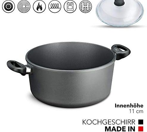 Kochtopf mit Glasdeckel Ø 24 cm, 4 Liter I Fleischtopf Antihaft beschichtet I Bratentopf Induktion I Induktionsherd I Deckel I Aluguss Suppentöpfe für Herd Induktionsgeeignet 100 % Verzugsfreier Boden