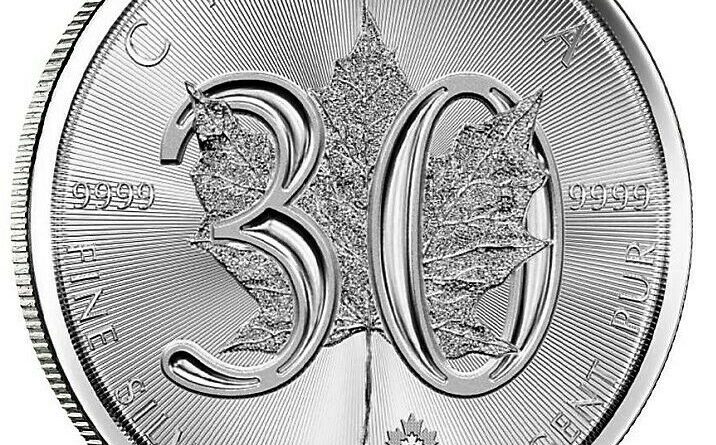 1 oz Silber 999.9 -5 CAD- ***Maple Leaf – 30 Jahre*** 2018 stgl. in Münzkapsel