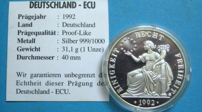 1 Unze Feinsilber 999 , Deutschland – ECU 1992 !