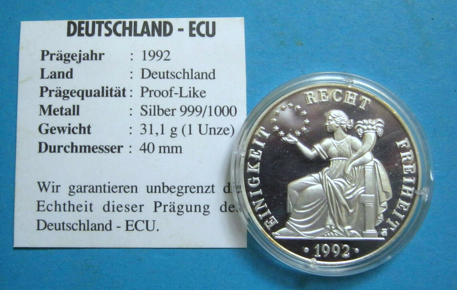 1 Unze Feinsilber 999 , Deutschland – ECU 1992 !