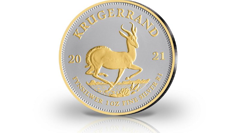 Krügerrand 1 oz Silber 2021 Südafrika veredelt mit 24 Karat Goldapplikation