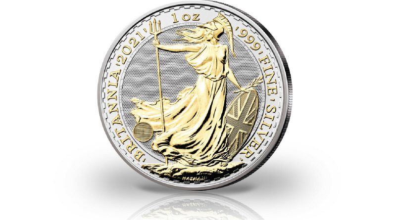 Britannia 1 oz Silber 2021 Großbritannien veredelt mit 24 Karat Goldapplikation