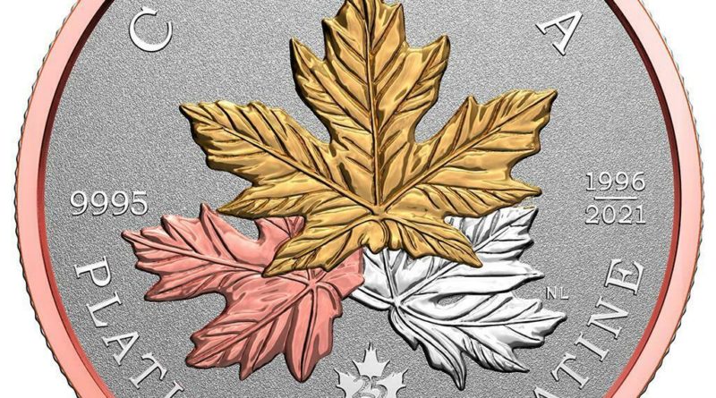 Kanada 300 Dollar 2021 Maple Leaf – Rosé- und Gelbgold veredelt – 1 Oz Platin RP