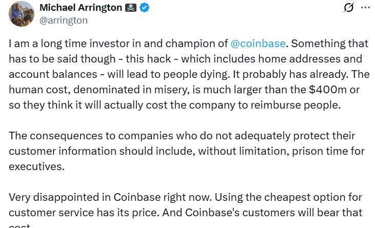 Coinbase-Datenleck könnte Nutzer in Lebensgefahr bringen: TechCrunch-Gründer