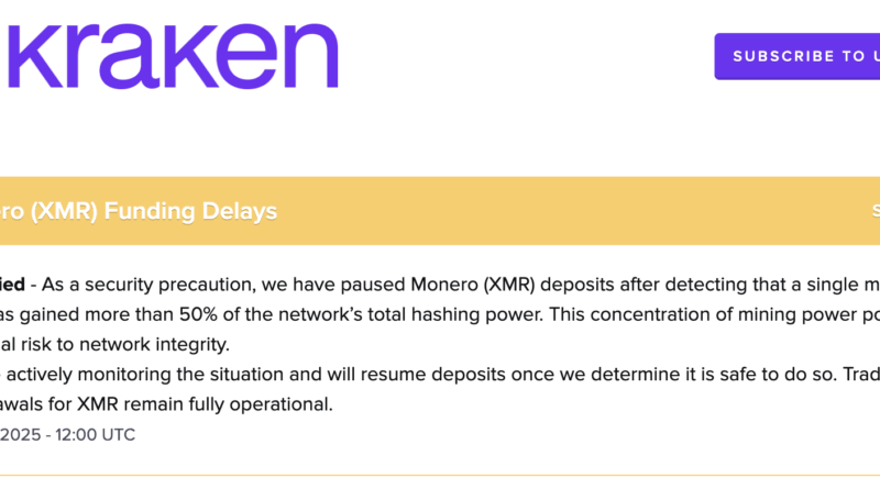 Kraken stoppt Einzahlungen für Monero (XMR) wegen 51-Prozent-Attacke