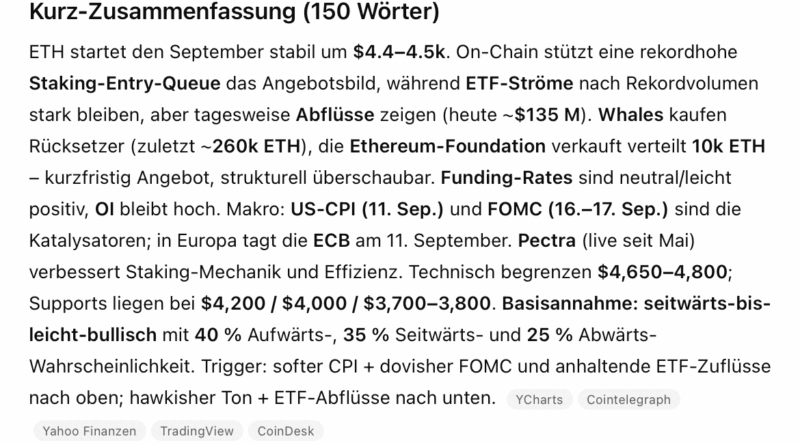 Ethereum Prognose für September – Was sagen ChatGPT-5, Gemini und Grok? 