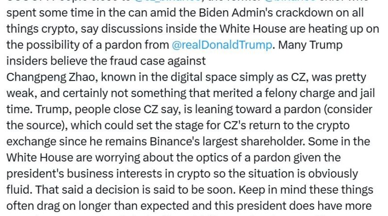 Weißes Haus erwägt Begnadigung für Binance-Gründer CZ