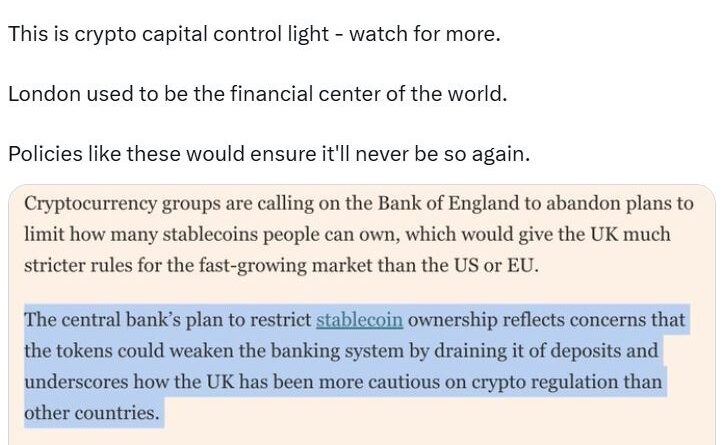 Bank of England bespricht Plan zur Begrenzung von Stablecoins