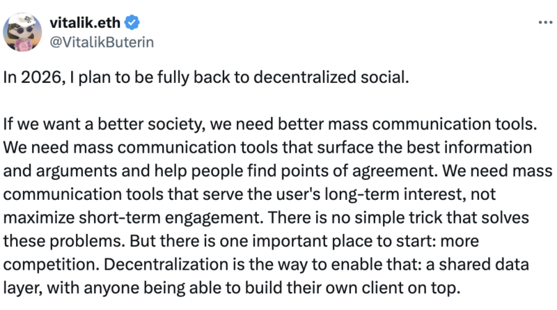Vitalik benennt dezentrale soziale Medien als wichtiges Thema für 2026