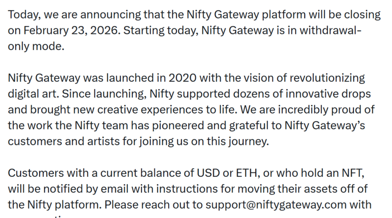 NFT-Plattform Nifty Gateway schließt im Februar ihre Pforten