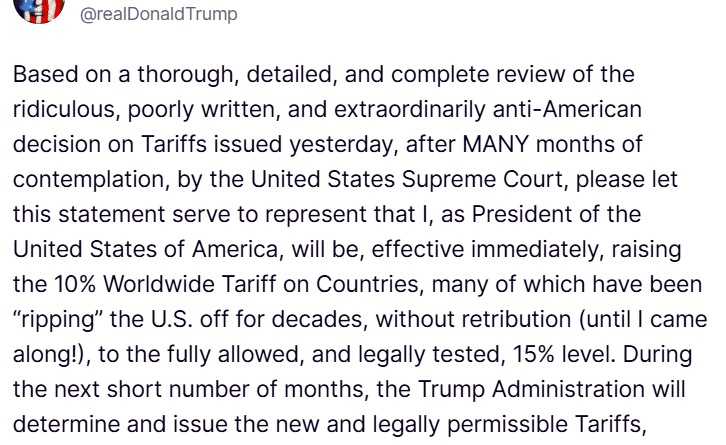 Trump declares global tariff hike to 15% following court setback