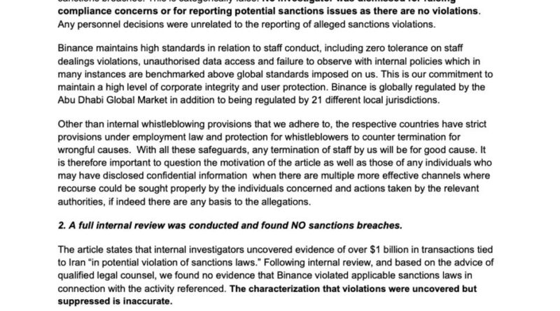 Binance dementiert Bericht über Verstöße gegen Iran-Sanktionen